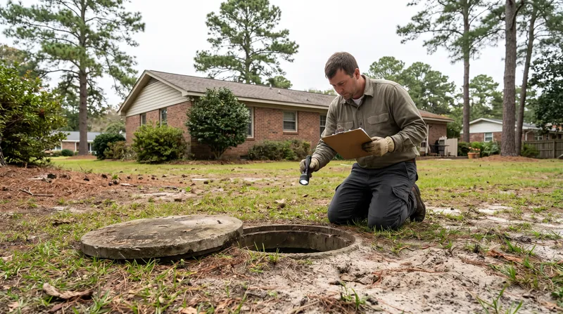Inspector kneeling with a clipboard and flashlight beside an open concrete septic tank