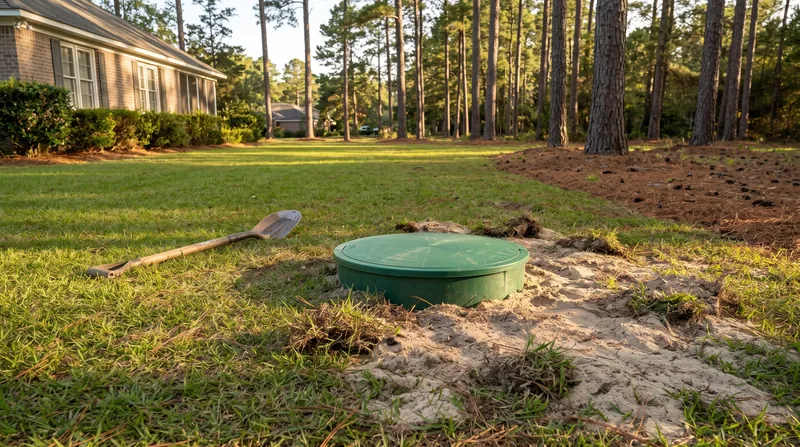 New green septic riser lid set flush with the lawn, fresh sand patched around it