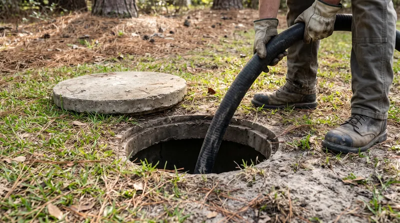 Vacuum hose lowered into an open concrete septic tank, the lid set aside on sandy ground and pine straw